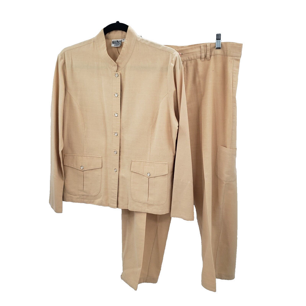 Go Fish Tan 2 Piece Pants Jacket Set Womens Medium Snap Button Mandarin Collar